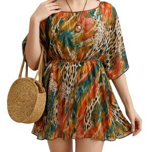 Womens M Sheer Boho Kaftan Dress Multicolor Animal Abstract Print Elastic Waist